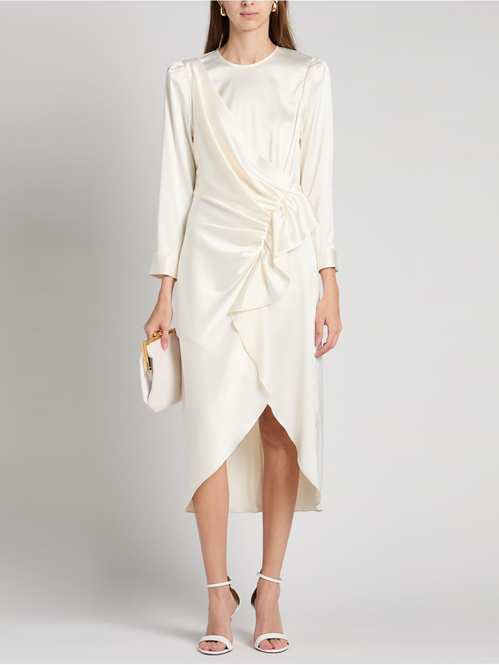 Sandro Cream Ruffle-Detail Long Sleeve Midi Dress